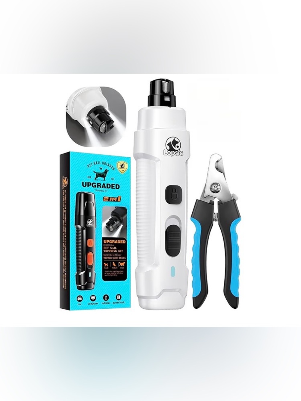 LOPSIC Dog Nail Grinder with 2 LED Lights, 2-Speed Trimmers and Clipper Kit